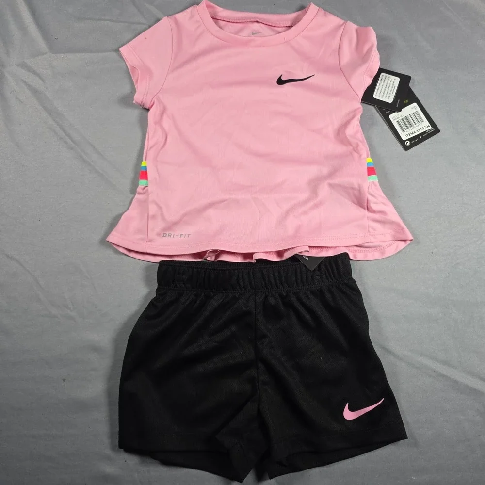 Nike Dri-Fit Little Girl's  2-Piece Graphic Tee & Short Set Pink Black 3T